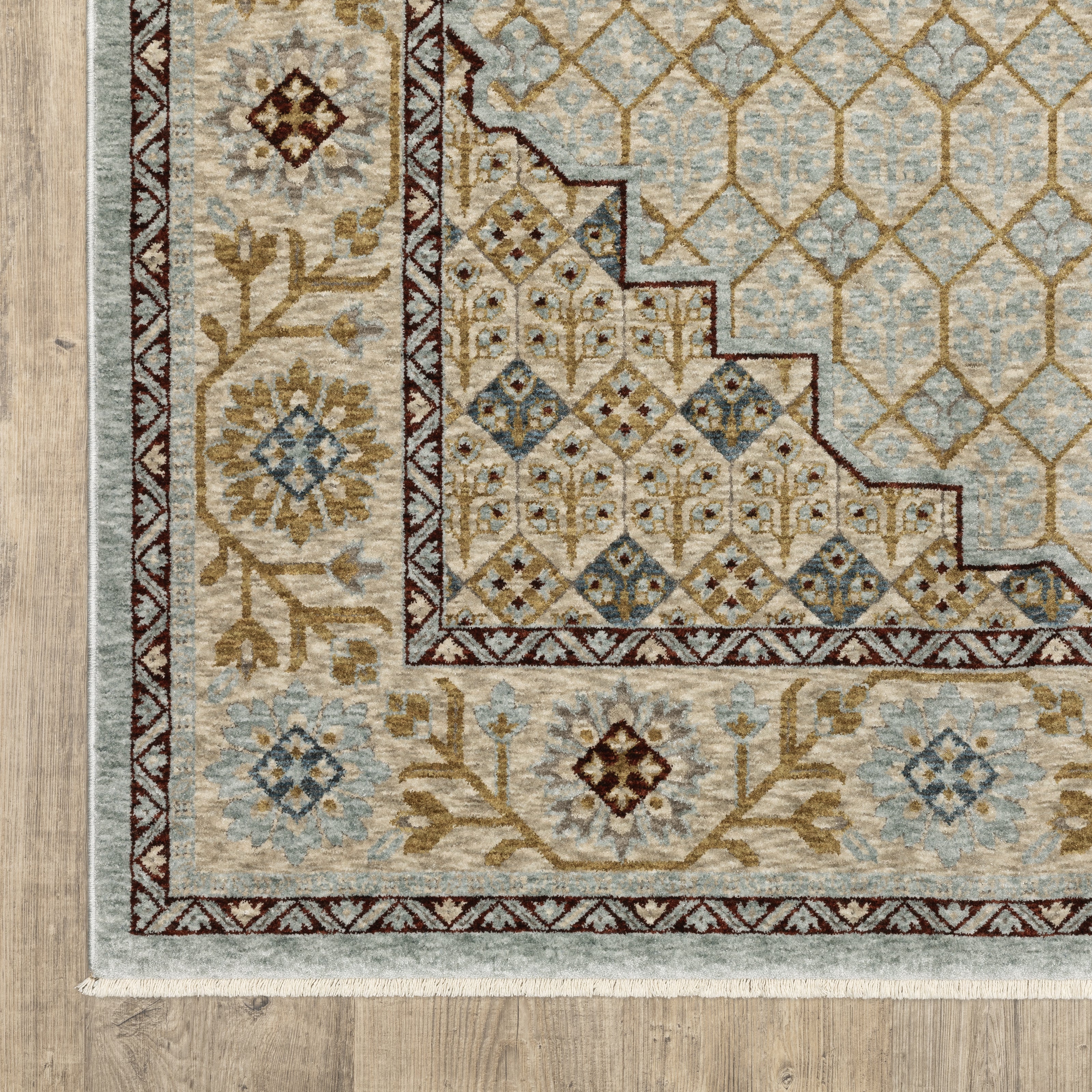 Oriental Weavers Capella CAP02 soft transitional rug featuring textured design in pale blue/ gold tones