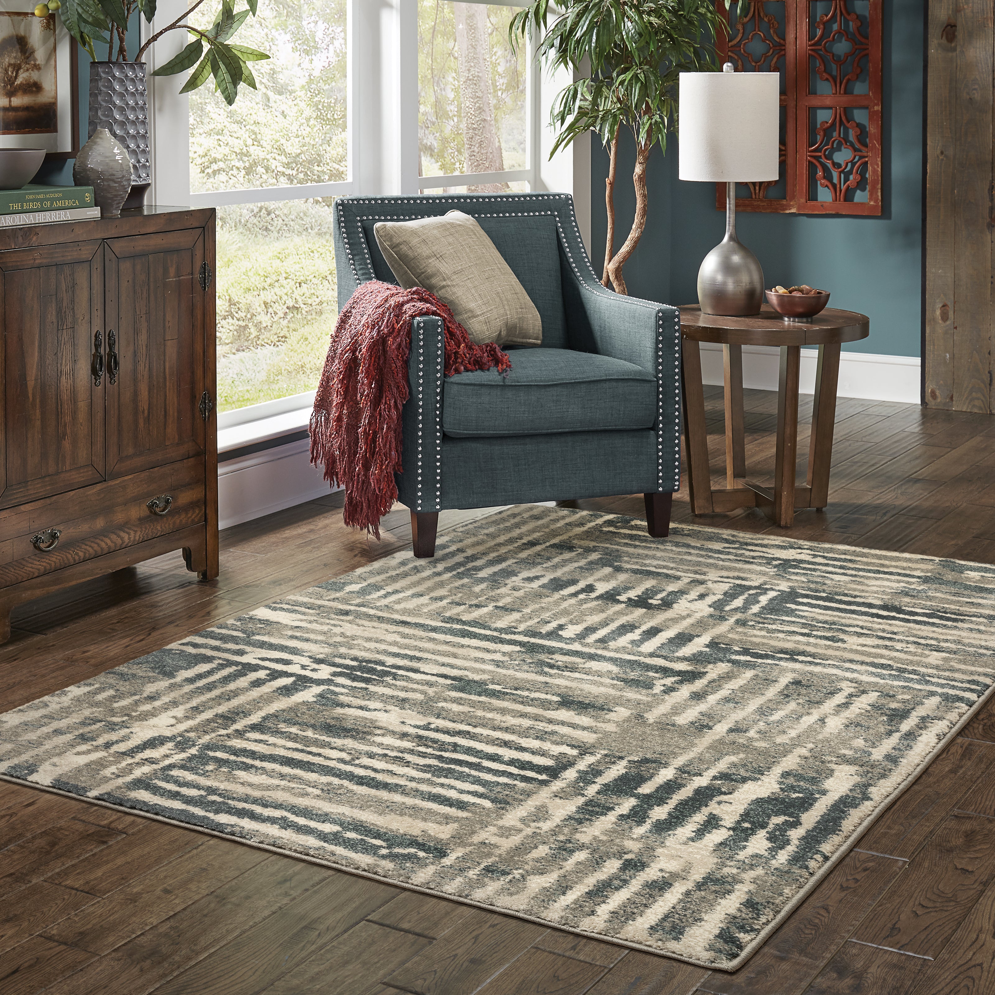 Oriental Weavers Carson 0745C plush modern rug featuring abstract pattern in blue/ beige tones
