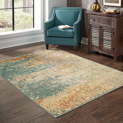Oriental Weavers Carson 9654B plush modern rug featuring abstract pattern in blue/ orange tones