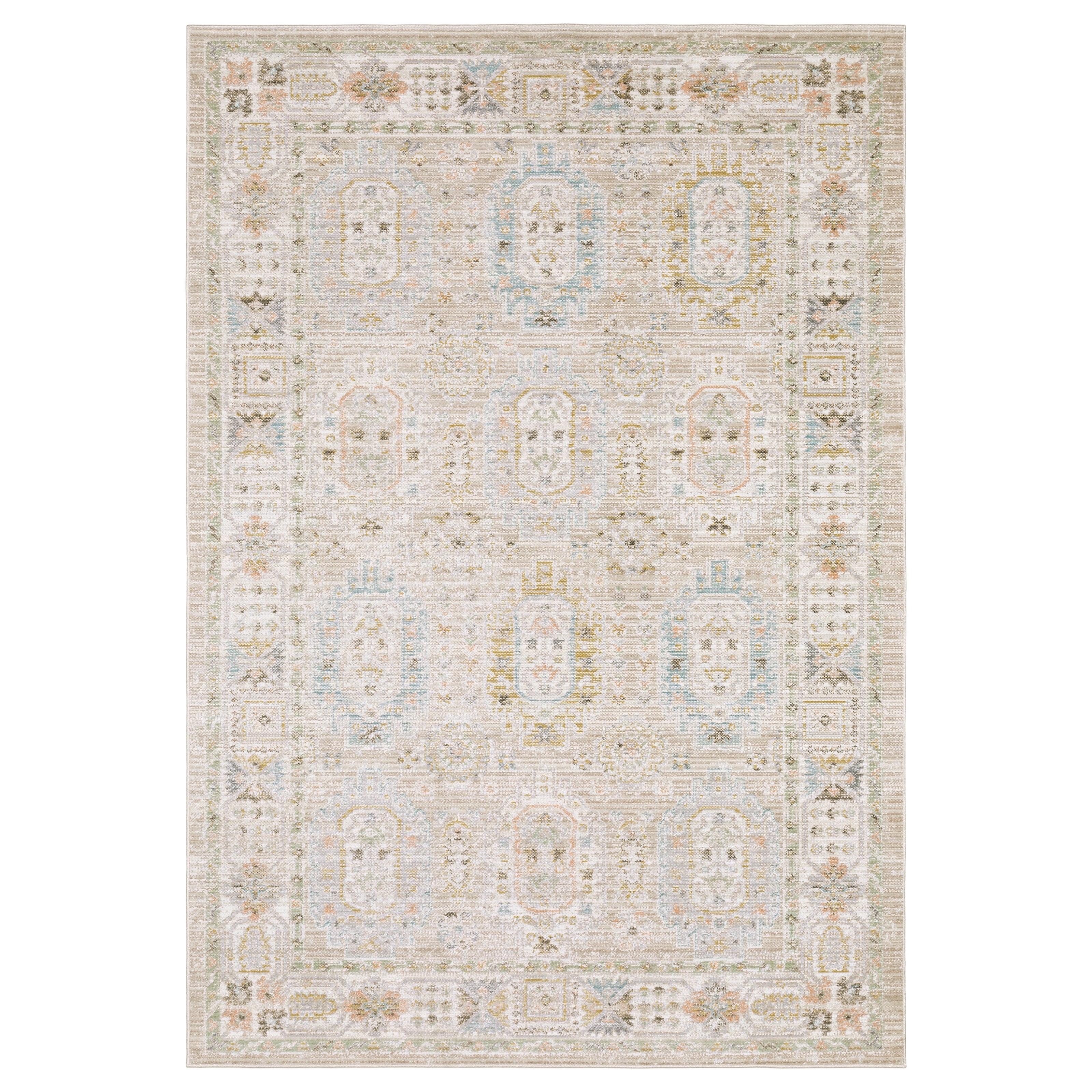 Oriental Weavers Cavett CAV04 soft transitional rug featuring decorative pattern in beige/ blue tones