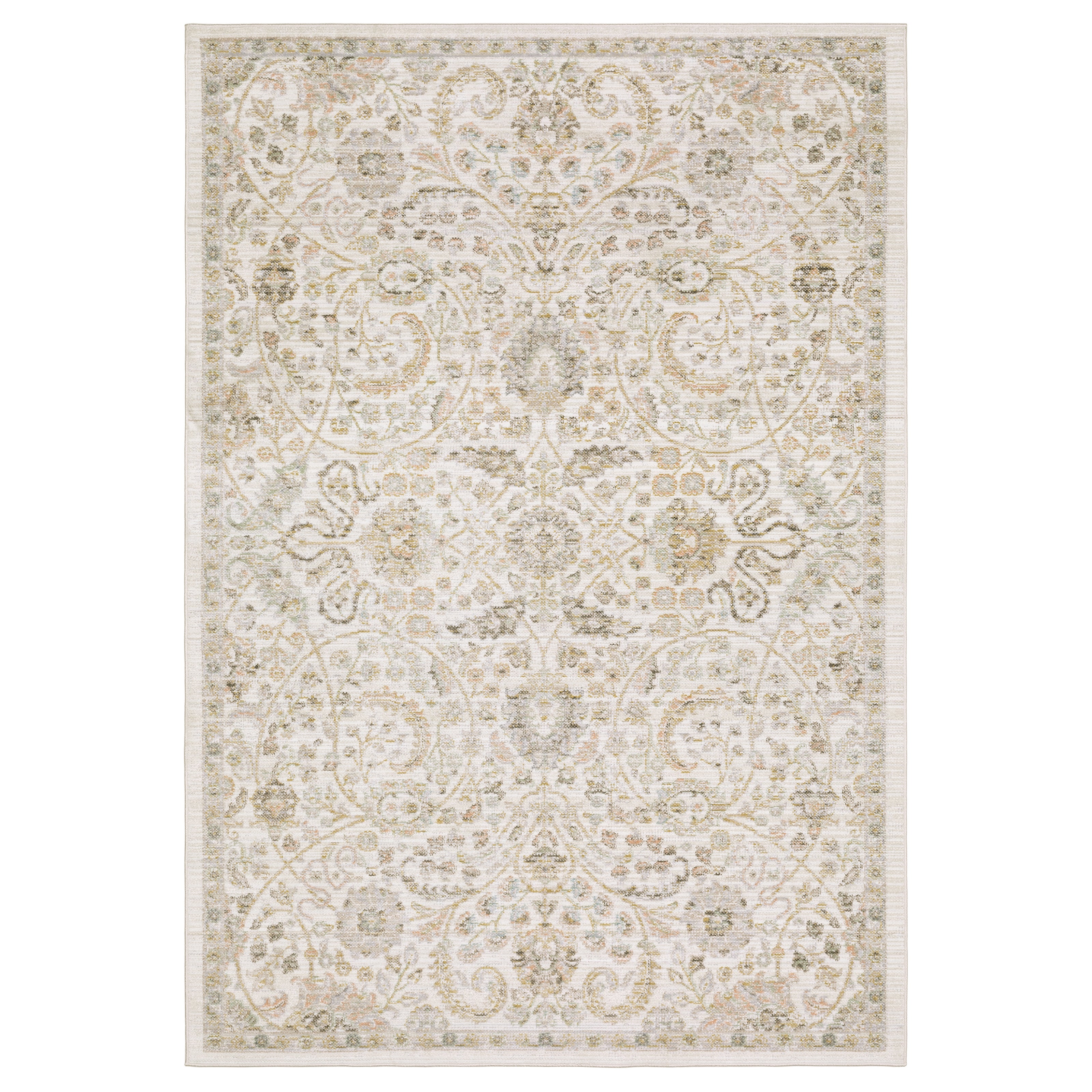 Oriental Weavers Cavett CAV05 soft transitional rug featuring decorative pattern in ivory/ gold tones