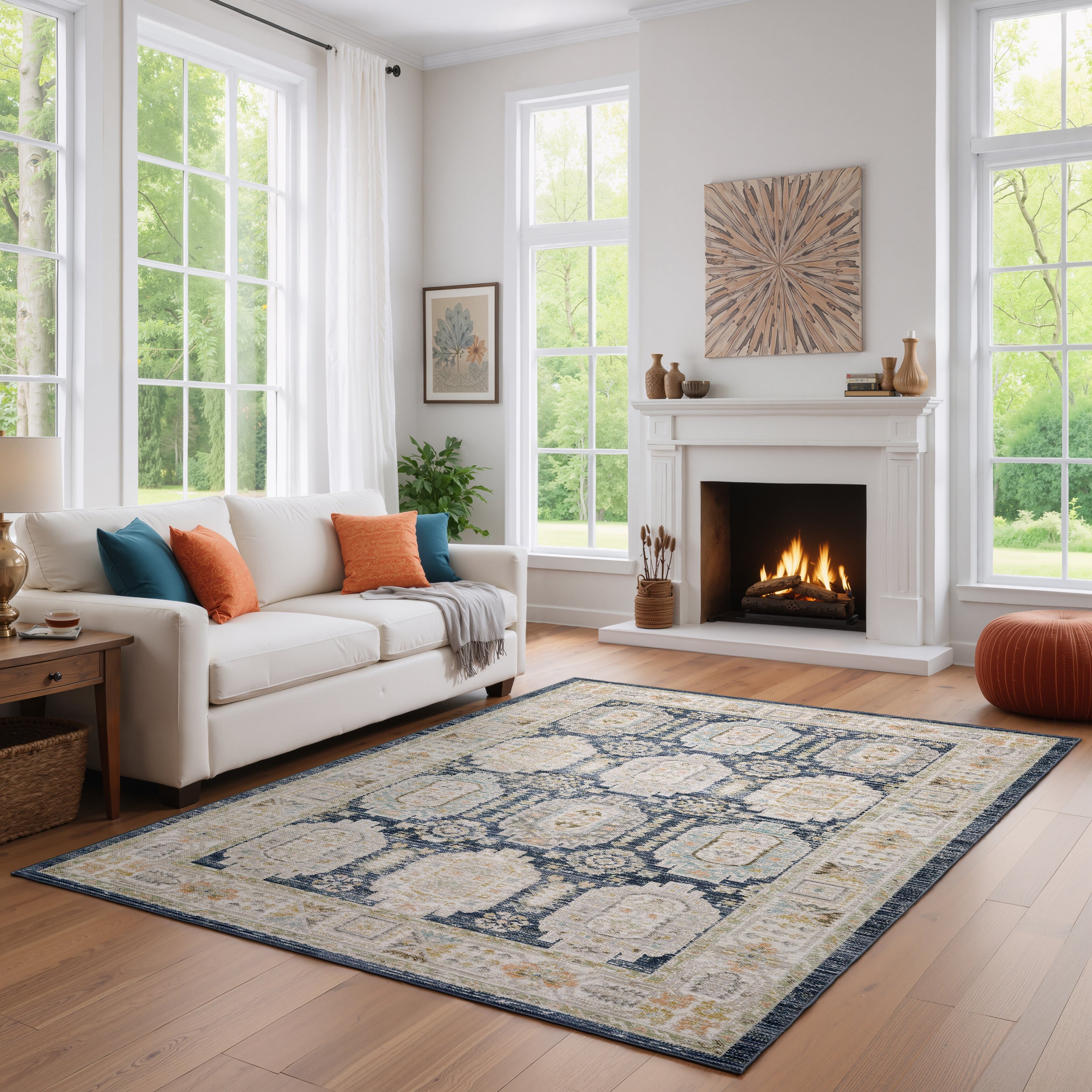 Oriental Weavers Cavett CAV07 soft transitional rug featuring decorative pattern in navy/ ivory tones