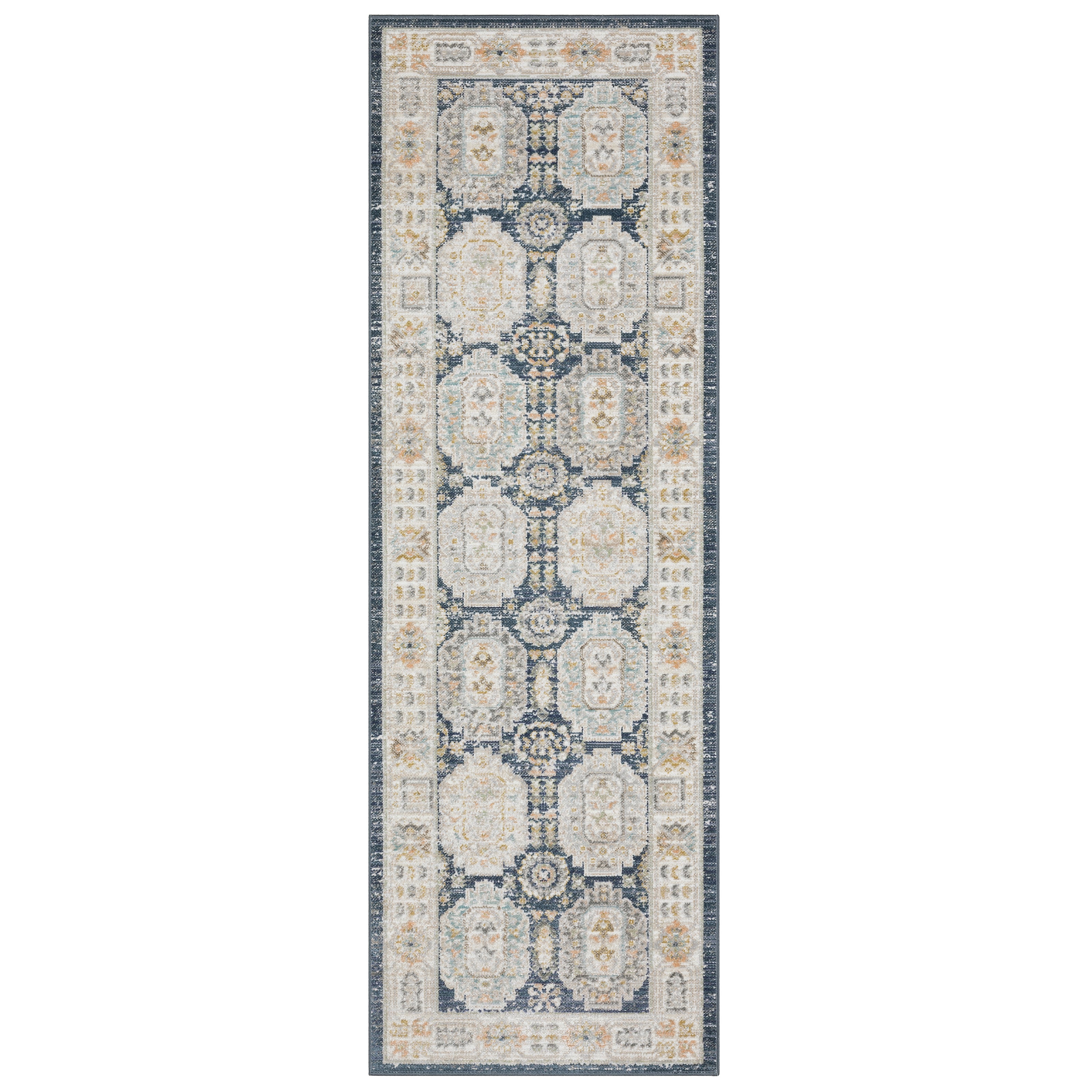 Oriental Weavers Cavett CAV07 soft transitional rug featuring decorative pattern in navy/ ivory tones