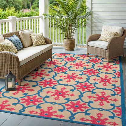 Oriental Weavers Cayman 190L9 textured indoor-outdoor rug featuring abstract pattern in pink/ blue tones