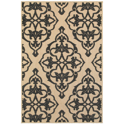 Oriental Weavers Cayman 001B9 textured indoor-outdoor rug featuring abstract pattern in sand/ charcoal tones