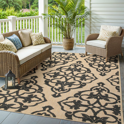 Oriental Weavers Cayman 001B9 textured indoor-outdoor rug featuring abstract pattern in sand/ charcoal tones
