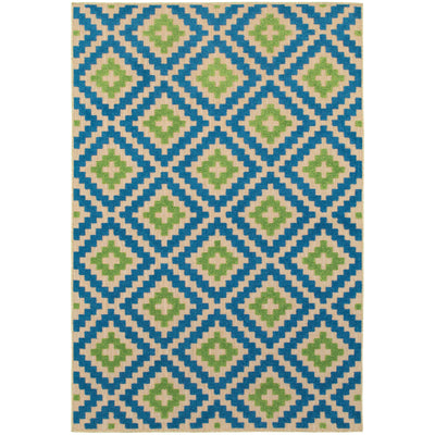Oriental Weavers Cayman 2063Z textured indoor-outdoor rug featuring abstract pattern in blue/ green tones