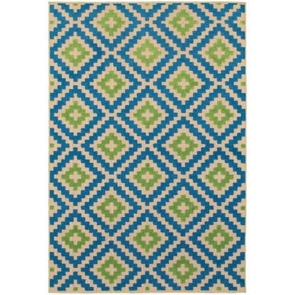 Oriental Weavers Cayman 2063Z textured indoor-outdoor rug featuring abstract pattern in blue/ green tones
