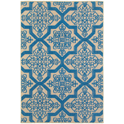 Oriental Weavers Cayman 2541M textured indoor-outdoor rug featuring abstract pattern in sand/ blue tones