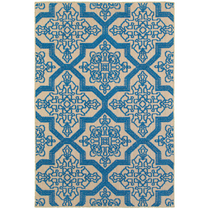 Oriental Weavers Cayman 2541M textured indoor-outdoor rug featuring abstract pattern in sand/ blue tones
