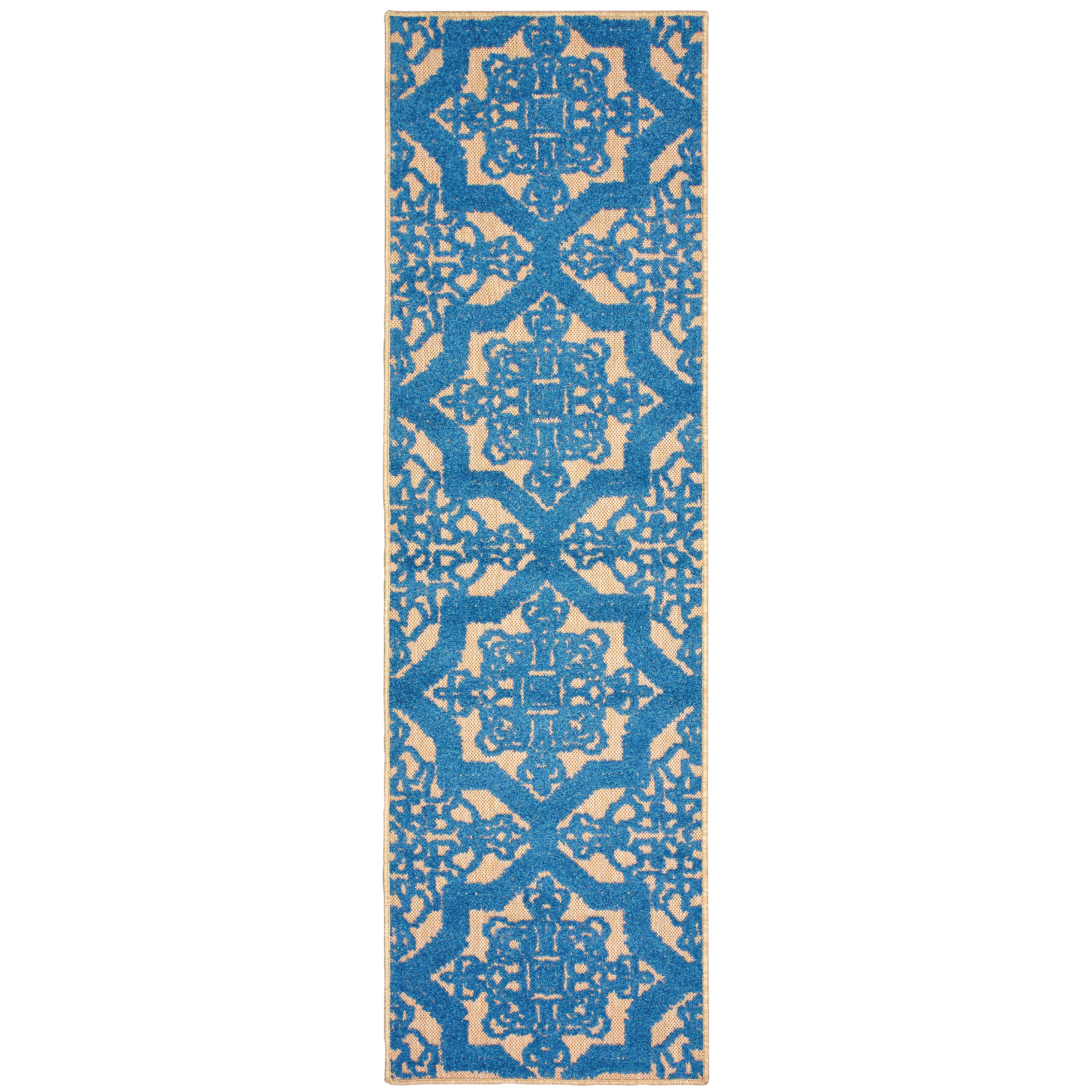 Oriental Weavers Cayman 2541M textured indoor-outdoor rug featuring abstract pattern in sand/ blue tones