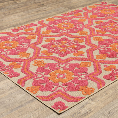 Oriental Weavers Cayman 2541V textured indoor-outdoor rug featuring abstract pattern in sand/ pink tones
