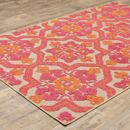 Oriental Weavers Cayman 2541V textured indoor-outdoor rug featuring abstract pattern in sand/ pink tones