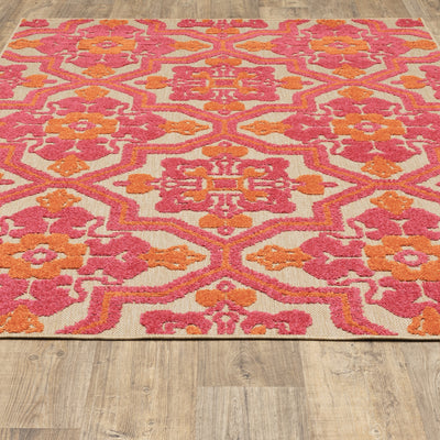 Oriental Weavers Cayman 2541V textured indoor-outdoor rug featuring abstract pattern in sand/ pink tones