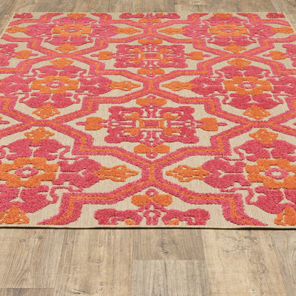 Oriental Weavers Cayman 2541V textured indoor-outdoor rug featuring abstract pattern in sand/ pink tones