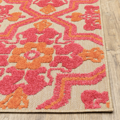 Oriental Weavers Cayman 2541V textured indoor-outdoor rug featuring abstract pattern in sand/ pink tones