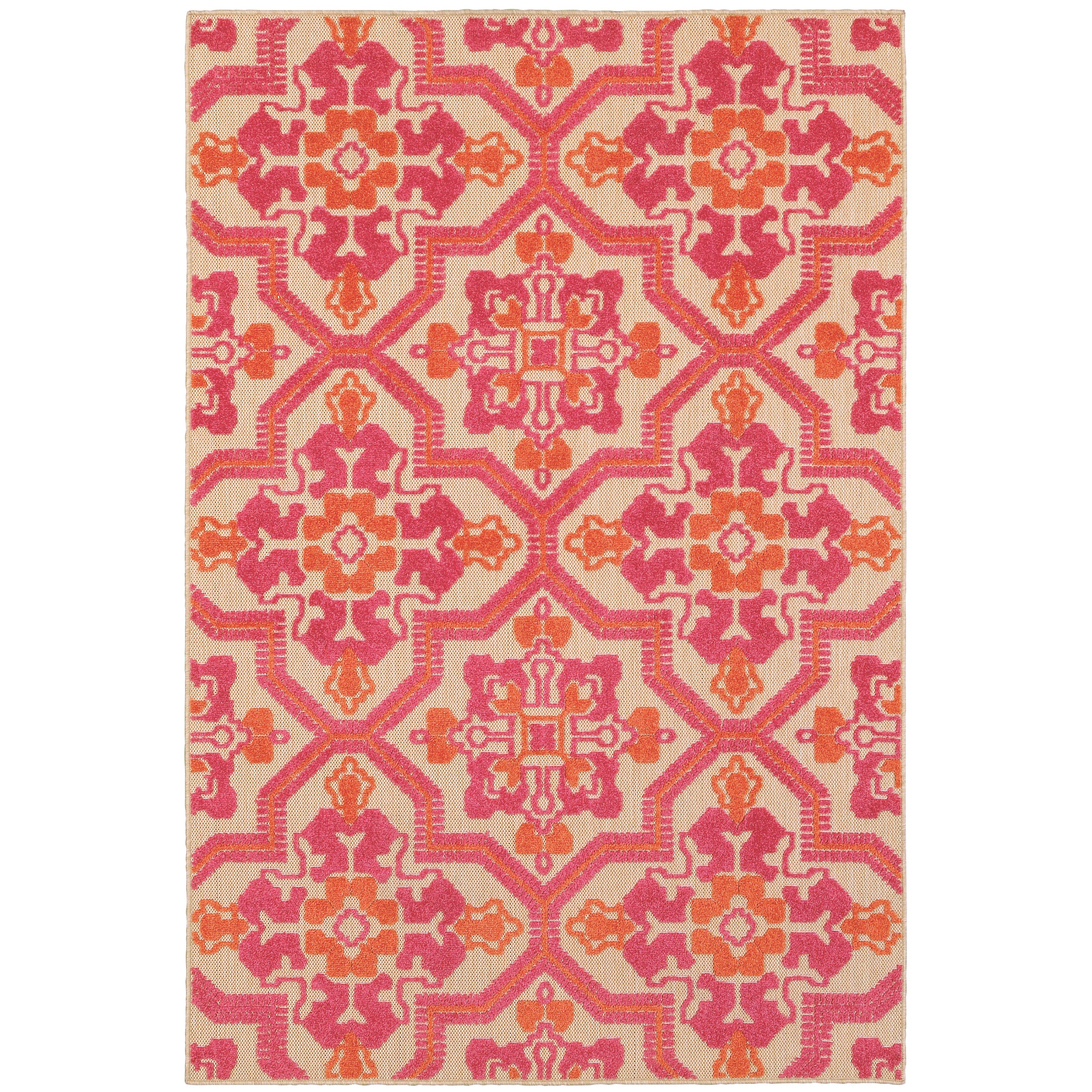 Oriental Weavers Cayman 2541V textured indoor-outdoor rug featuring abstract pattern in sand/ pink tones