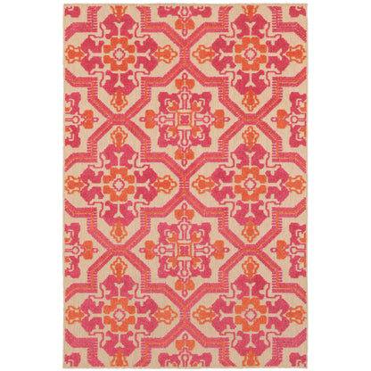 Oriental Weavers Cayman 2541V textured indoor-outdoor rug featuring abstract pattern in sand/ pink tones