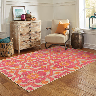 Oriental Weavers Cayman 2541V textured indoor-outdoor rug featuring abstract pattern in sand/ pink tones