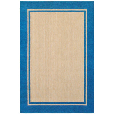 Oriental Weavers Cayman 5594B textured indoor-outdoor rug featuring abstract pattern in sand/ blue tones