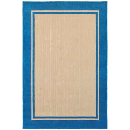 Oriental Weavers Cayman 5594B textured indoor-outdoor rug featuring abstract pattern in sand/ blue tones