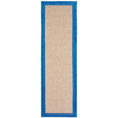 Oriental Weavers Cayman 5594B textured indoor-outdoor rug featuring abstract pattern in sand/ blue tones