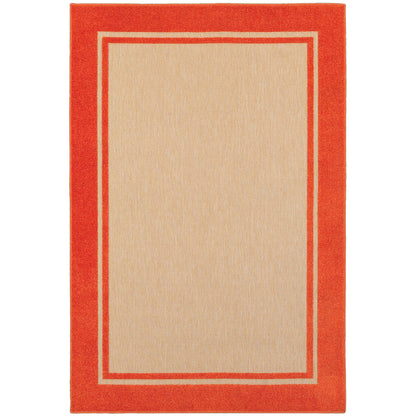 Oriental Weavers Cayman 5594Q textured indoor-outdoor rug featuring abstract pattern in sand/ orange tones