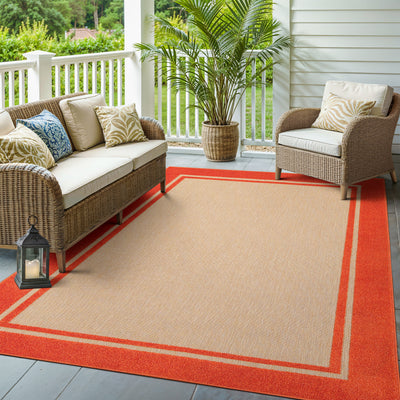 Oriental Weavers Cayman 5594Q textured indoor-outdoor rug featuring abstract pattern in sand/ orange tones