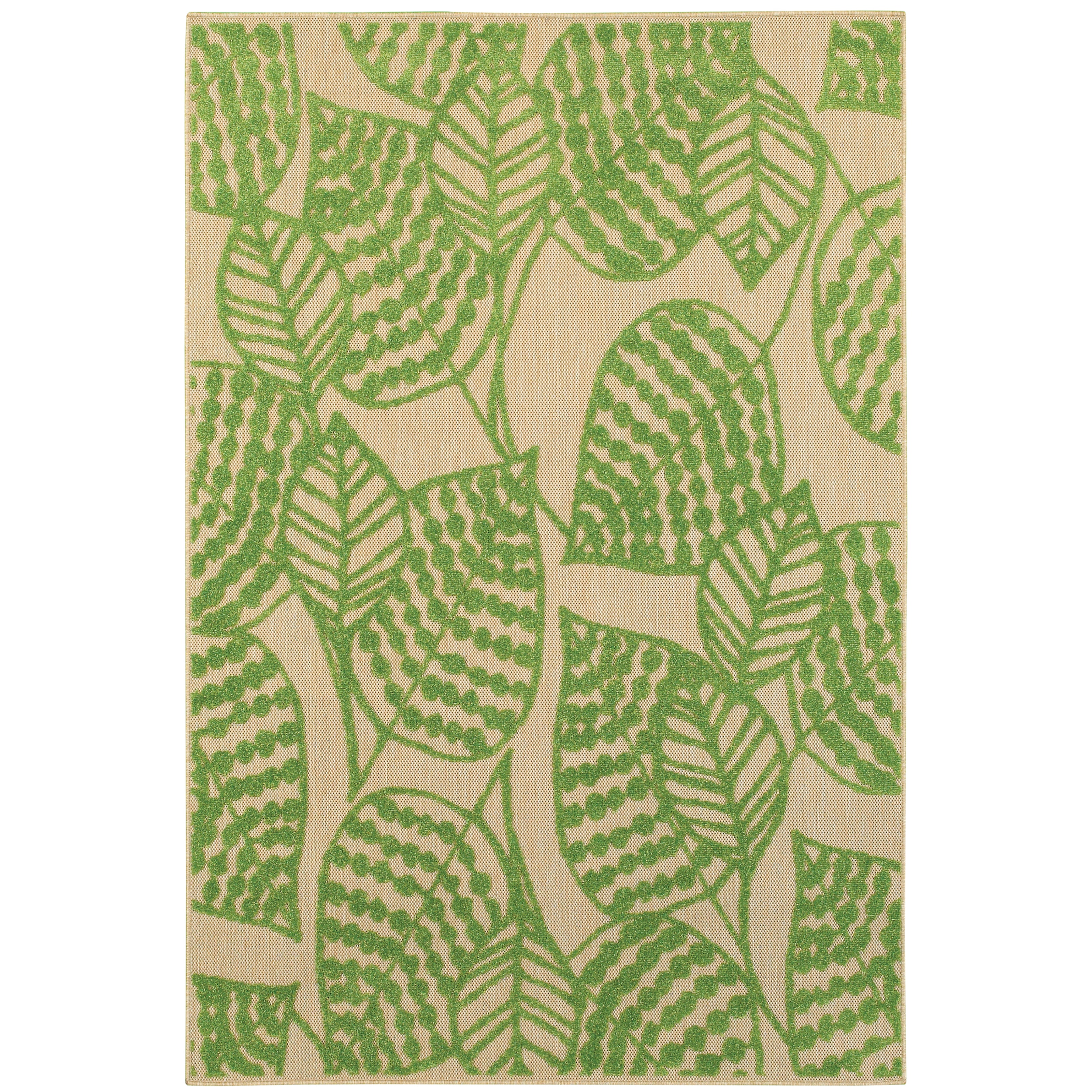 Oriental Weavers Cayman 566F9 textured indoor-outdoor rug featuring abstract pattern in sand/ green tones