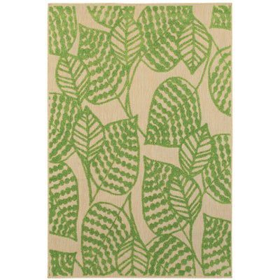 Oriental Weavers Cayman 566F9 textured indoor-outdoor rug featuring abstract pattern in sand/ green tones