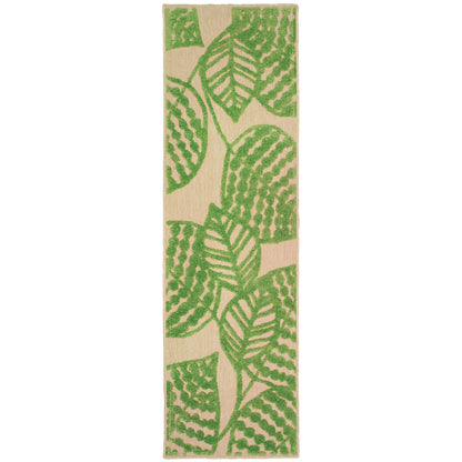Oriental Weavers Cayman 566F9 textured indoor-outdoor rug featuring abstract pattern in sand/ green tones