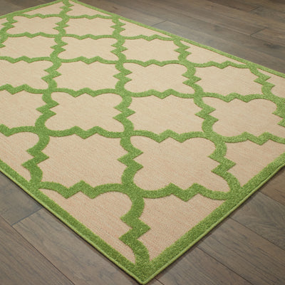 Oriental Weavers Cayman 660F9 textured indoor-outdoor rug featuring abstract pattern in sand/ green tones