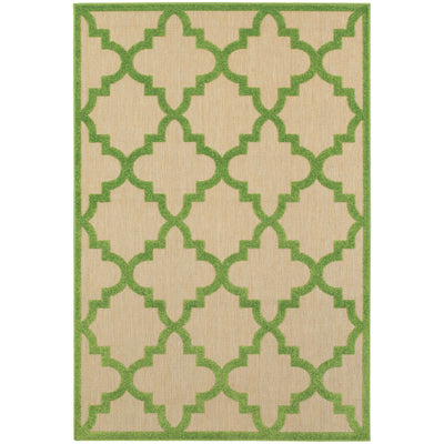 Oriental Weavers Cayman 660F9 textured indoor-outdoor rug featuring abstract pattern in sand/ green tones