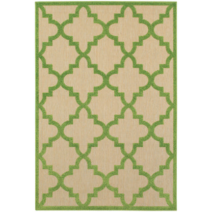 Oriental Weavers Cayman 660F9 textured indoor-outdoor rug featuring abstract pattern in sand/ green tones