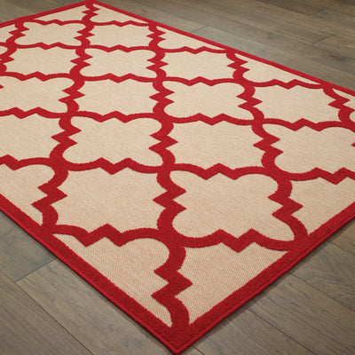 Oriental Weavers Cayman 660R9 textured indoor-outdoor rug featuring abstract pattern in sand/ red tones