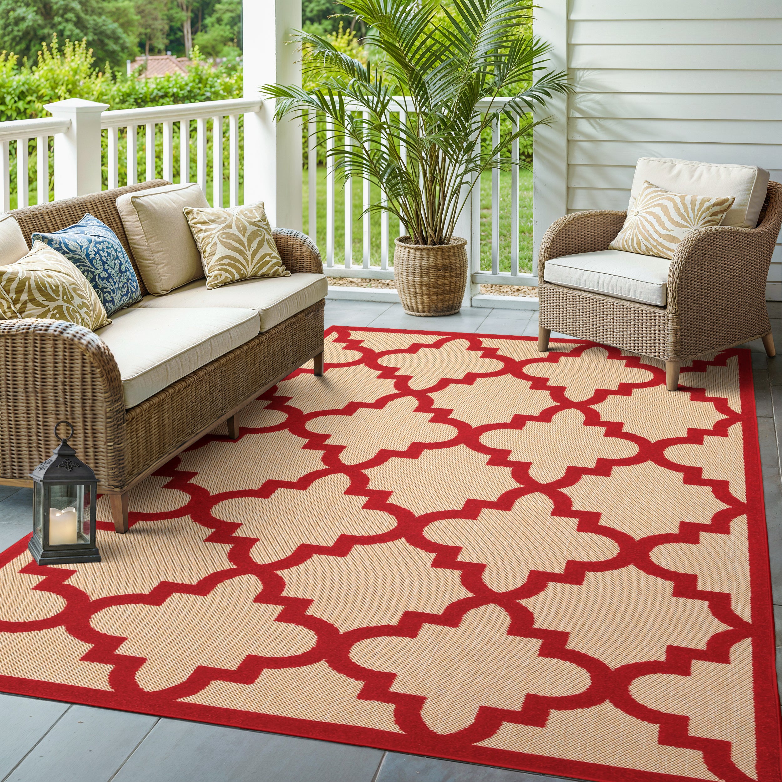 Oriental Weavers Cayman 660R9 textured indoor-outdoor rug featuring abstract pattern in sand/ red tones