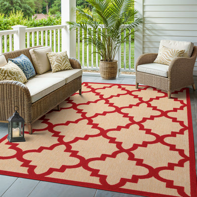 Oriental Weavers Cayman 660R9 textured indoor-outdoor rug featuring abstract pattern in sand/ red tones