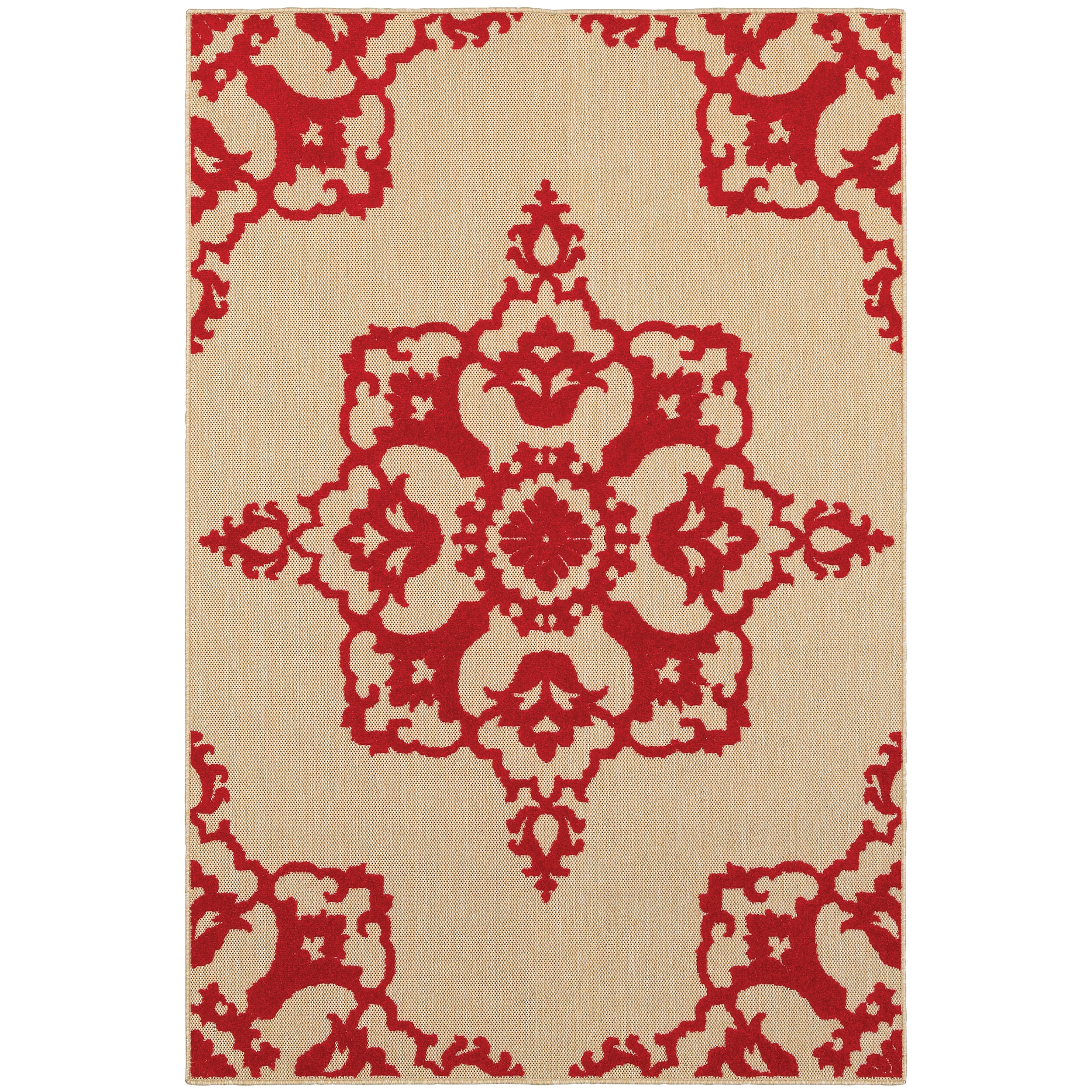 Oriental Weavers Cayman 097R9 textured indoor-outdoor rug featuring abstract pattern in sand/ red tones