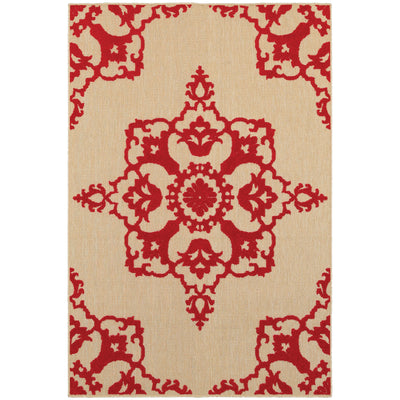 Oriental Weavers Cayman 097R9 textured indoor-outdoor rug featuring abstract pattern in sand/ red tones