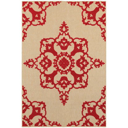 Oriental Weavers Cayman 097R9 textured indoor-outdoor rug featuring abstract pattern in sand/ red tones