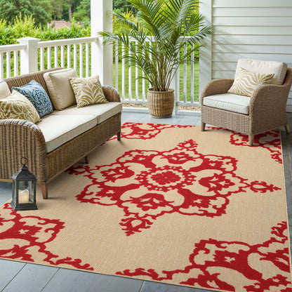 Oriental Weavers Cayman 097R9 textured indoor-outdoor rug featuring abstract pattern in sand/ red tones