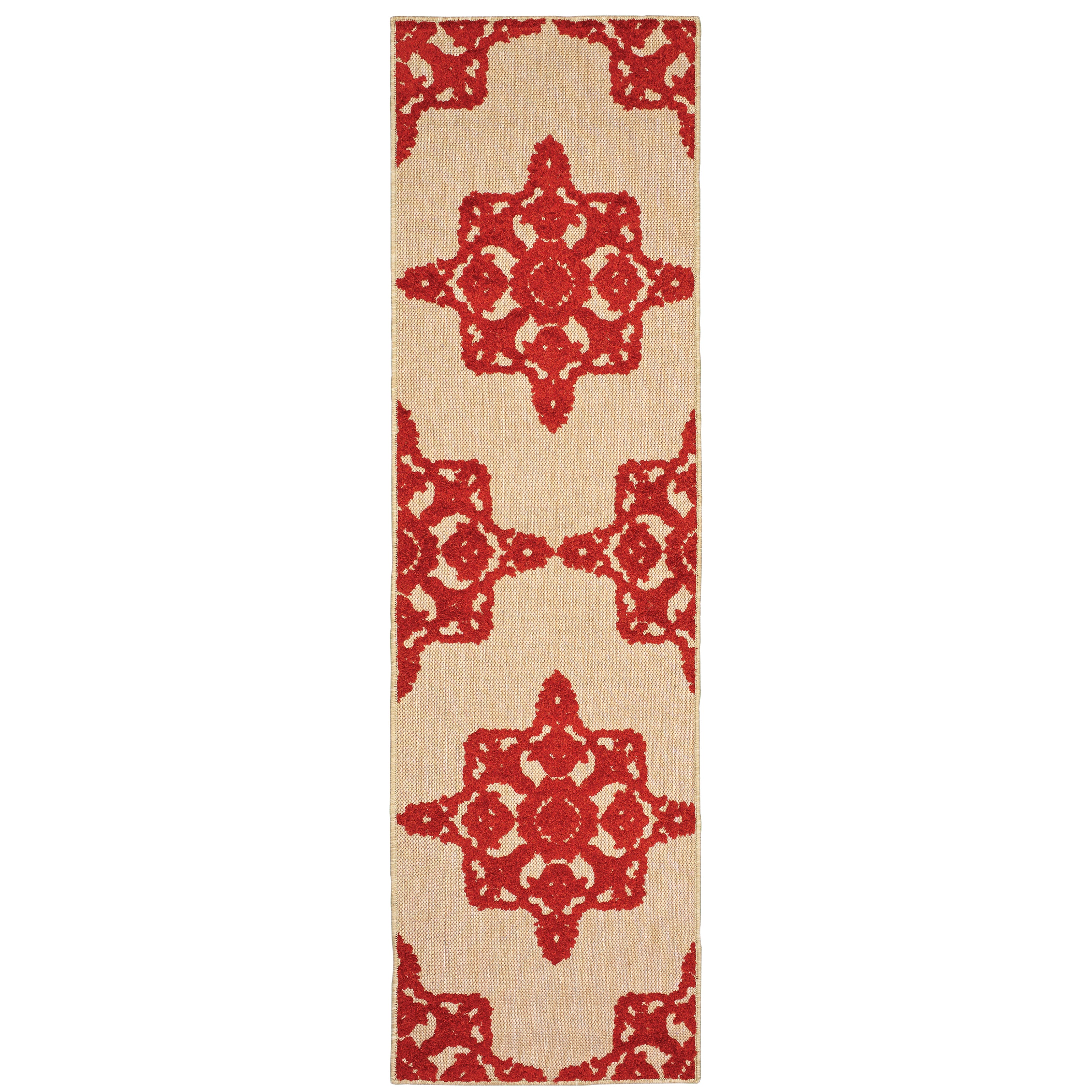 Oriental Weavers Cayman 097R9 textured indoor-outdoor rug featuring abstract pattern in sand/ red tones