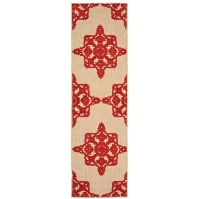 Oriental Weavers Cayman 097R9 textured indoor-outdoor rug featuring abstract pattern in sand/ red tones