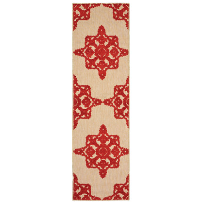 Oriental Weavers Cayman 097R9 textured indoor-outdoor rug featuring abstract pattern in sand/ red tones