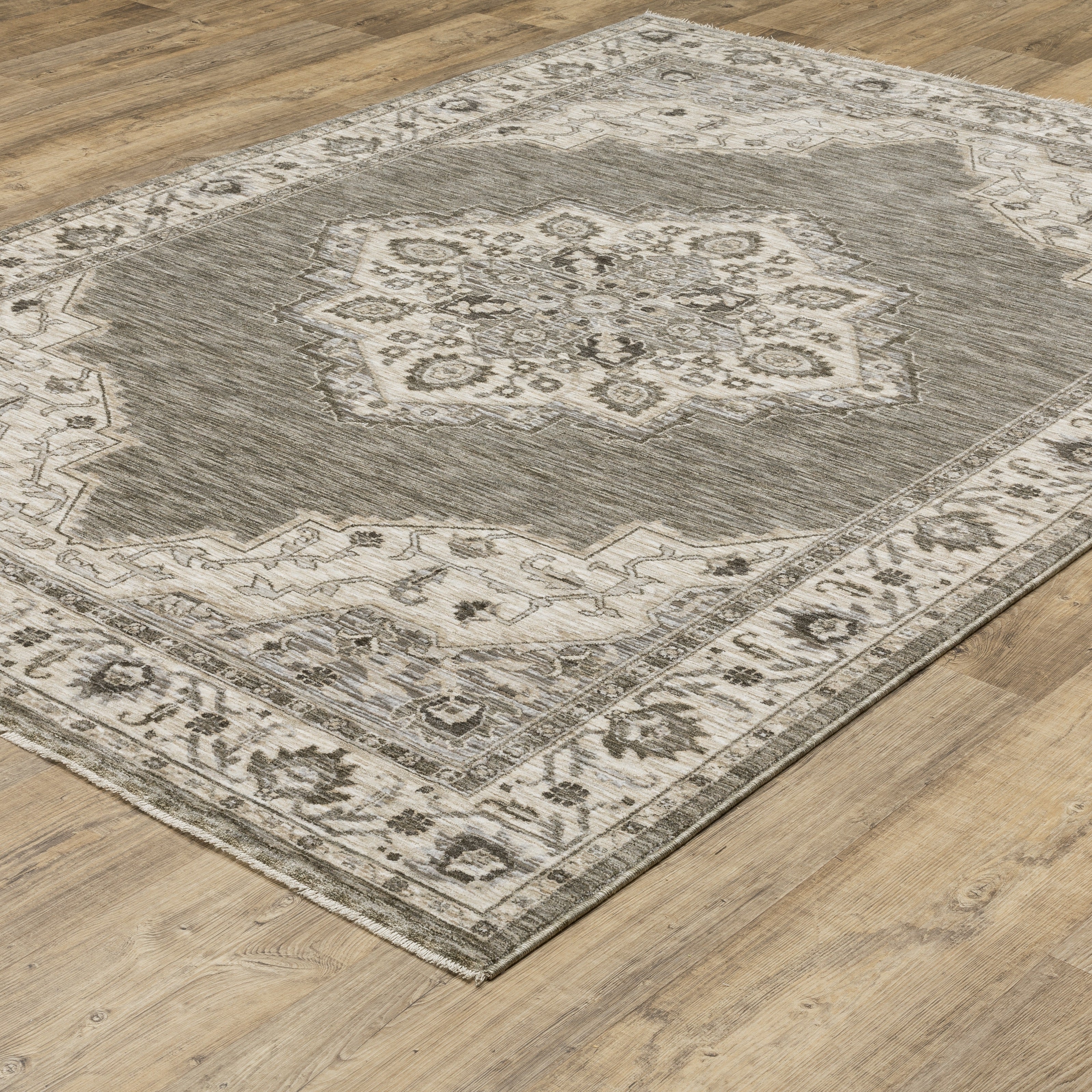 Oriental Weavers Chamberlain CH05A plush traditional rug featuring decorative pattern in grey/ beige tones