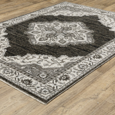 Oriental Weavers Chamberlain CH05C plush traditional rug featuring decorative pattern in charcoal/ ivory tones